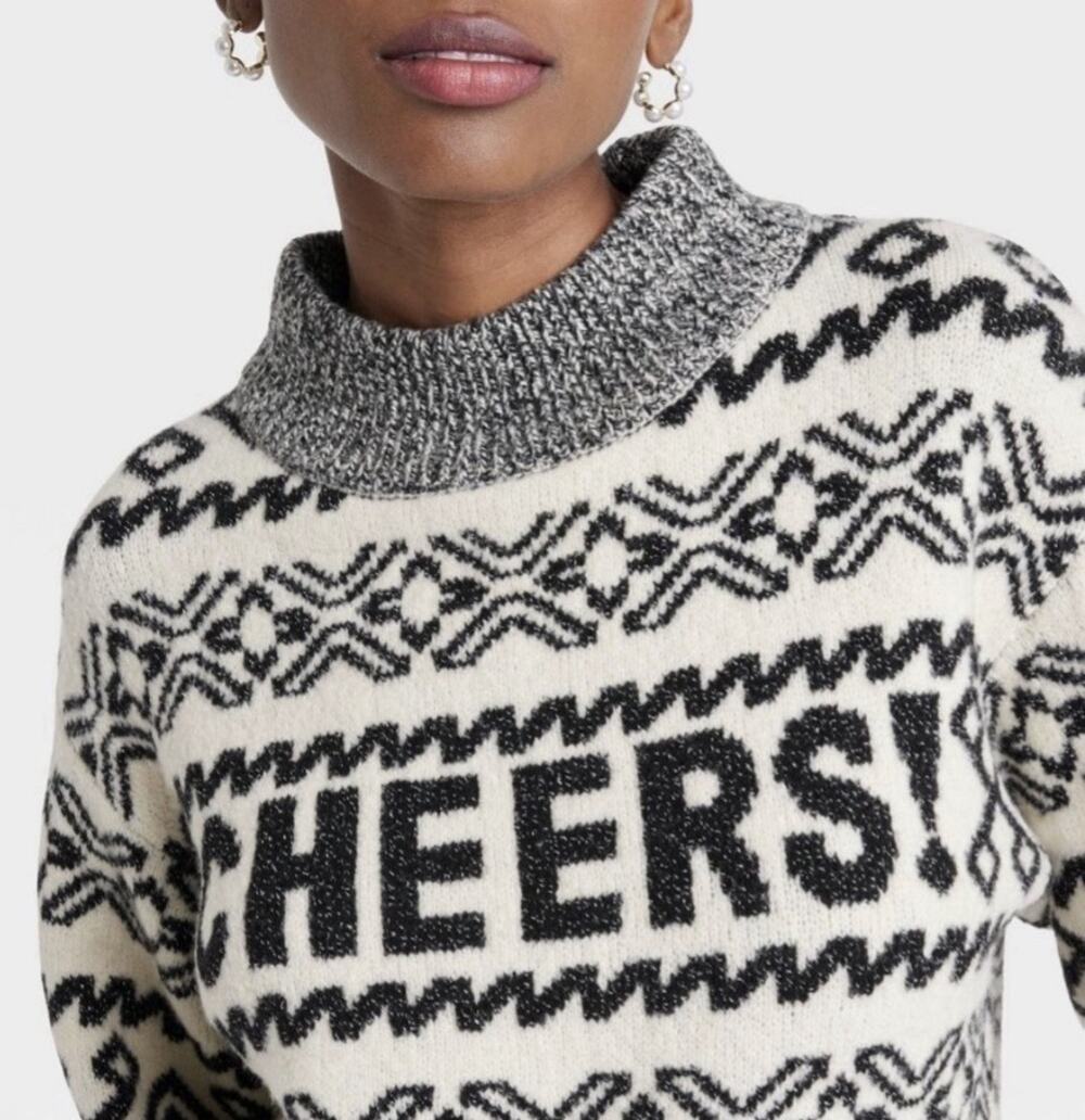 Womens Holiday Crewneck Pullover Sweater Fair Isles Cheers Print NEW Size L